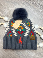 Embroidered Aztec Patterned Pom Beanie