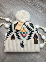 Embroidered Aztec Patterned Pom Beanie