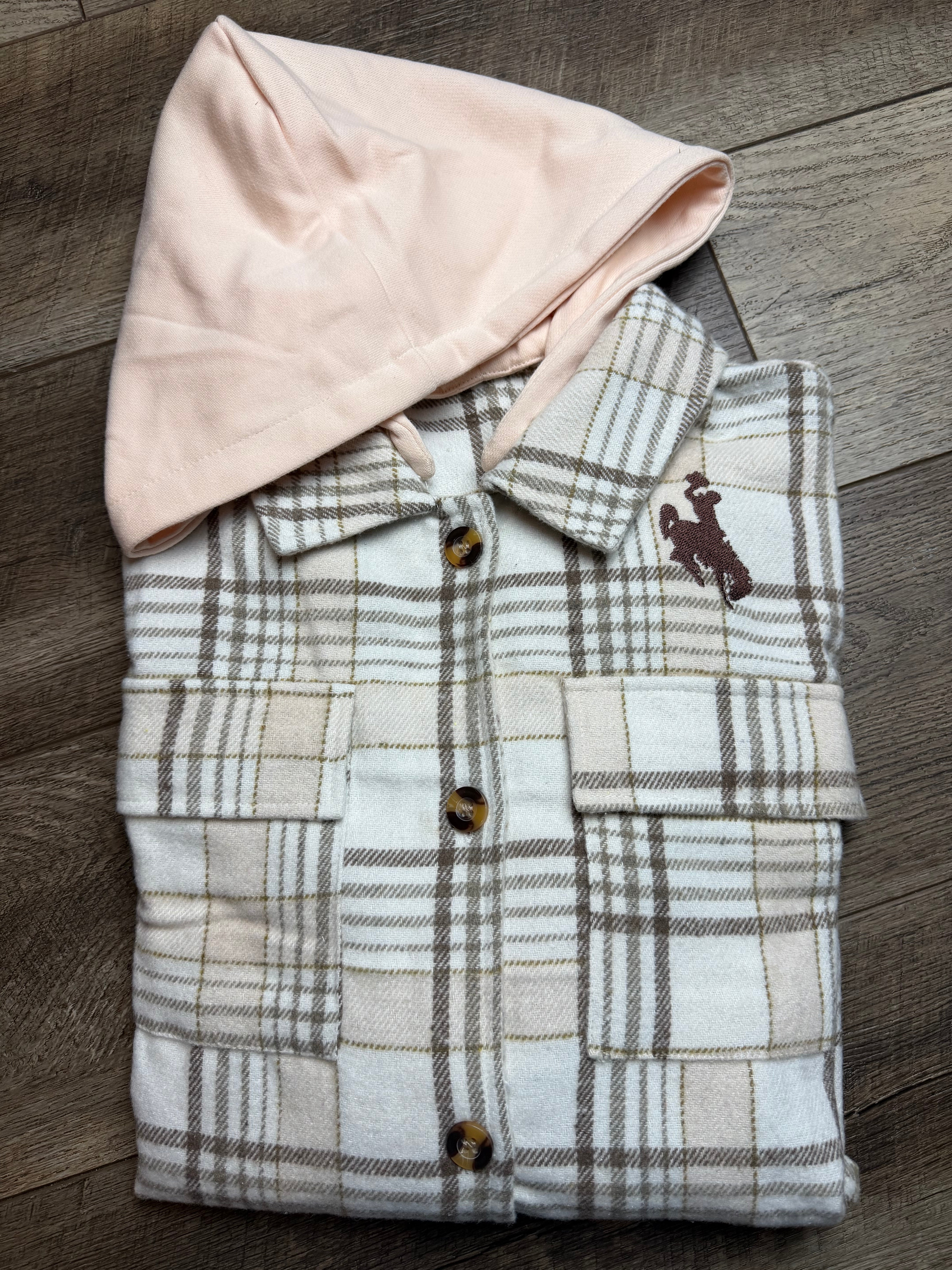 Embroidered Khaki Plaid Shirt Removable Hood Buttoned Shacket