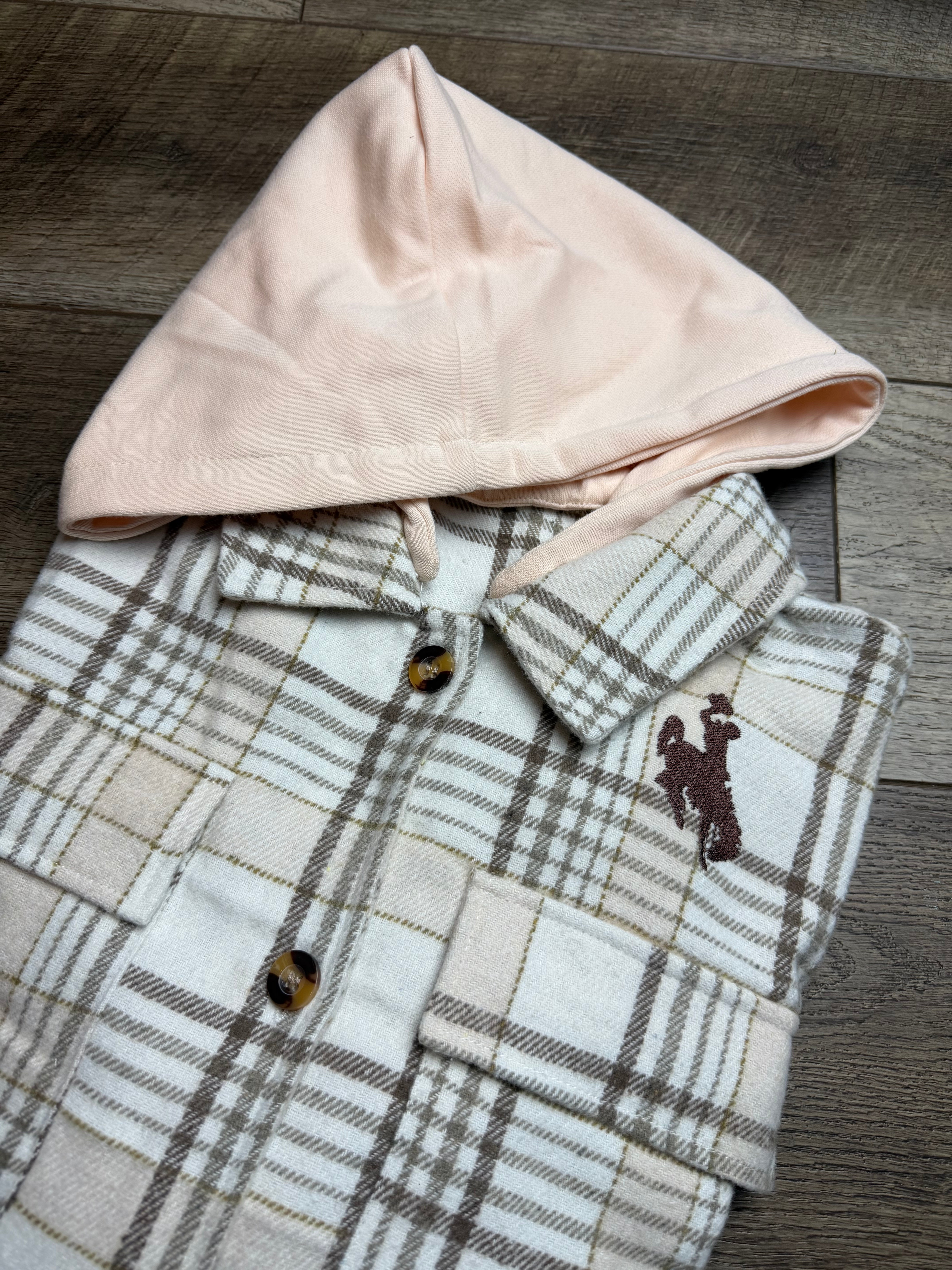 Embroidered Khaki Plaid Shirt Removable Hood Buttoned Shacket