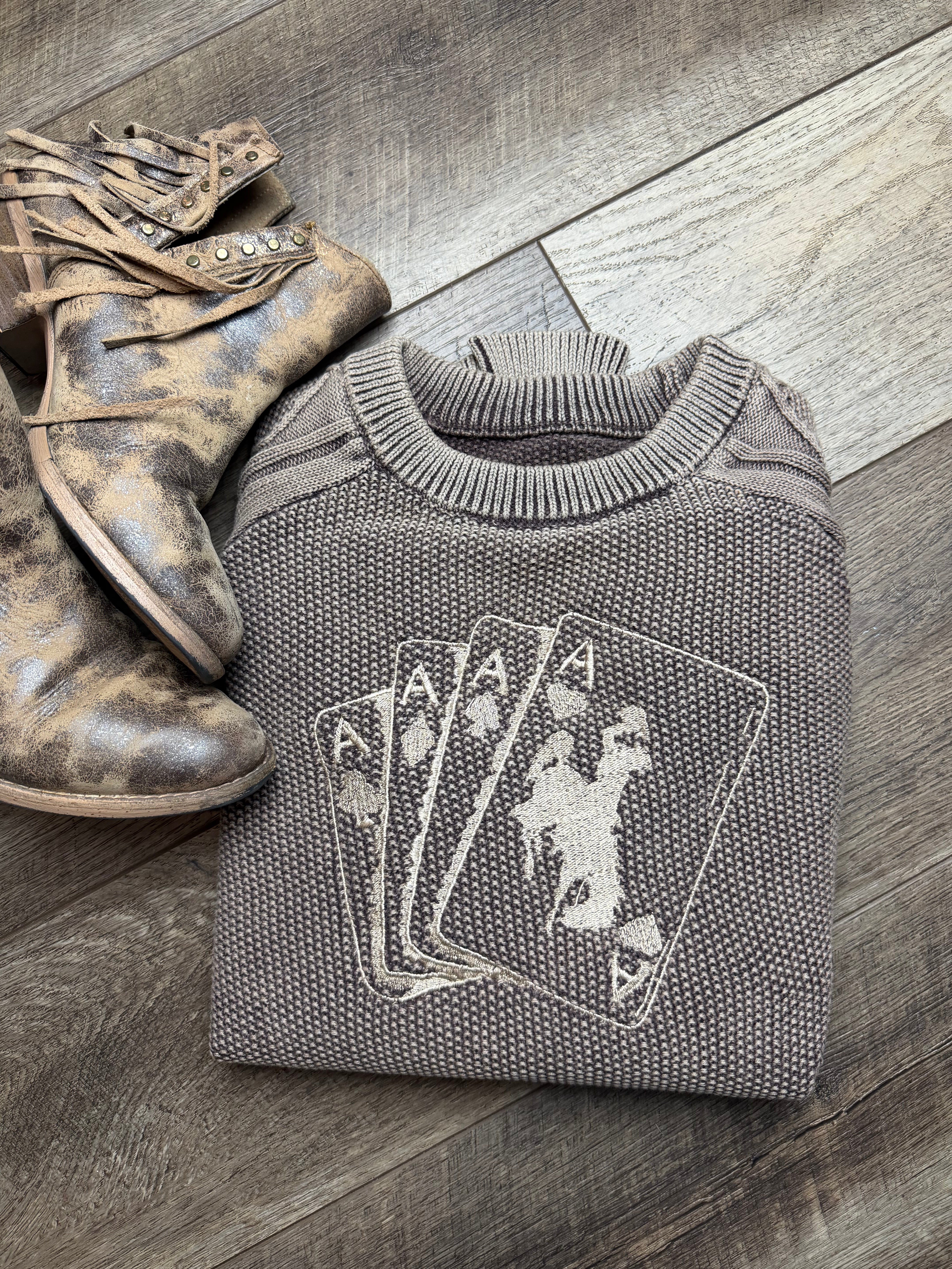 Embroidered Dark Brown Contrast Cable Knit Sleeve Casual Sweater