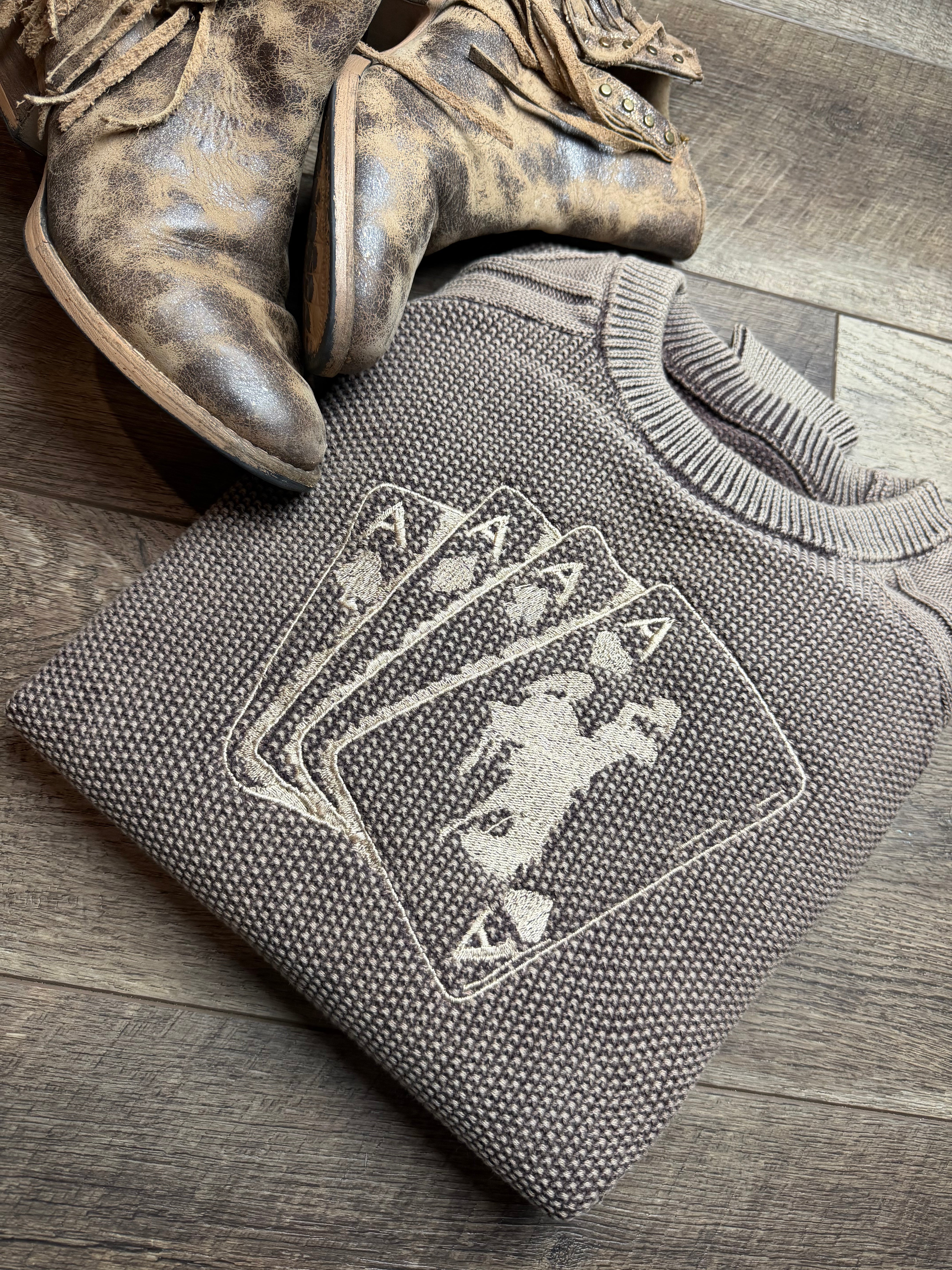 Embroidered Dark Brown Contrast Cable Knit Sleeve Casual Sweater