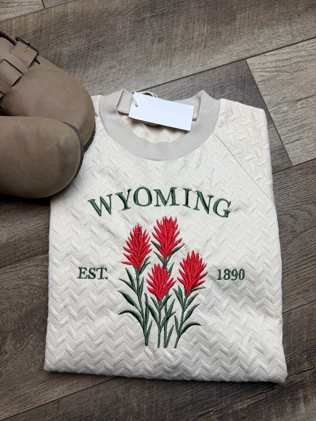 Embroidered Indian Paintbrush Solid Textured Raglan Sleeve Pullover Sweatshirt