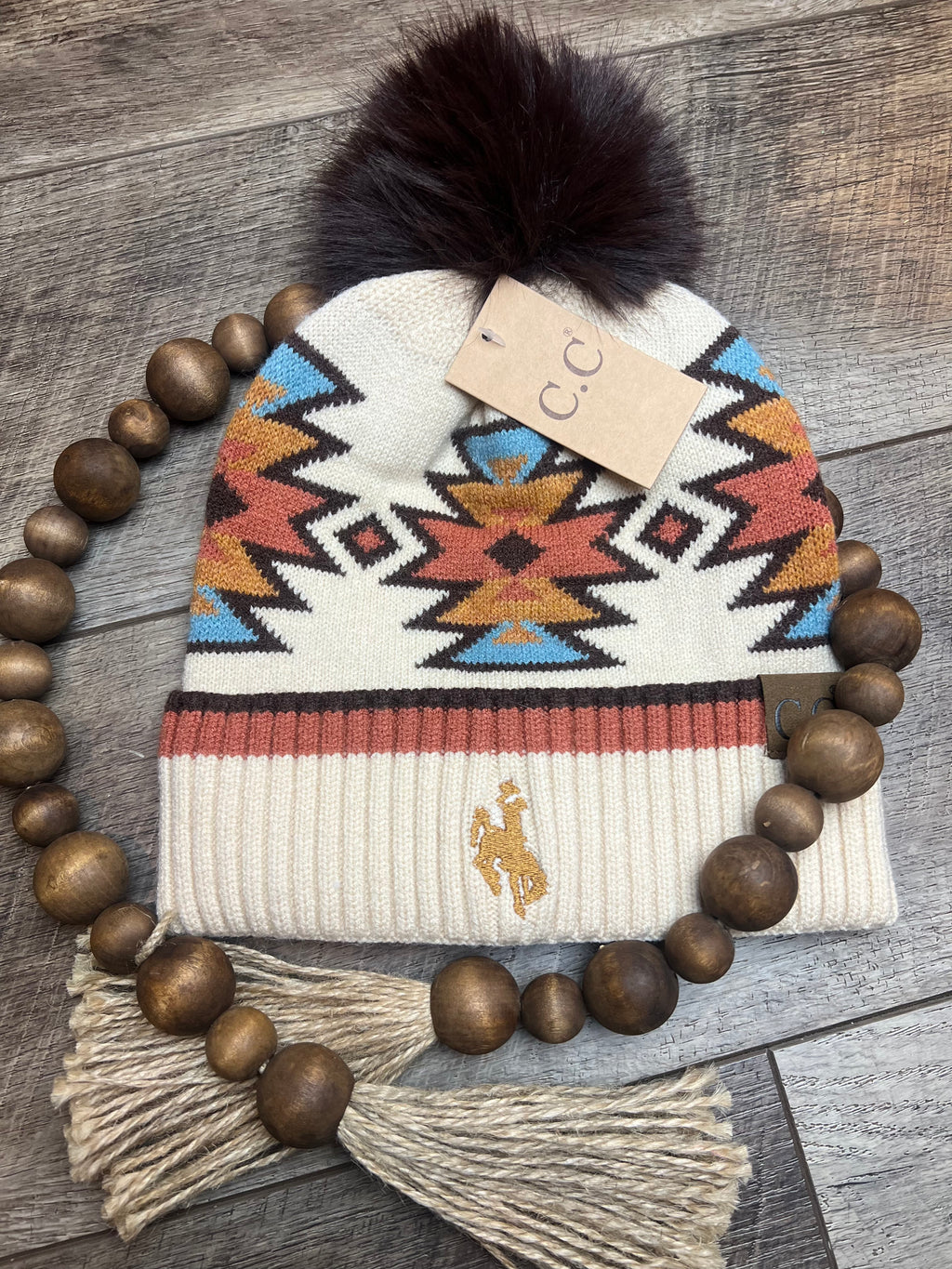 Embroidered Southwestern Faux Fur Pom