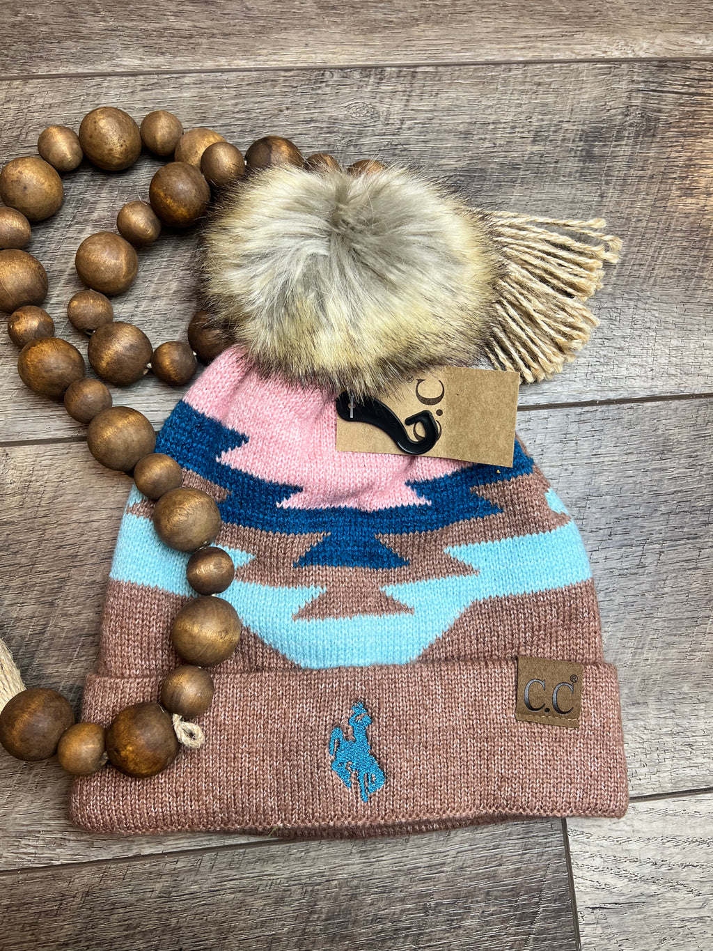 Embroidered Aztec Natural Faux Fur Pom