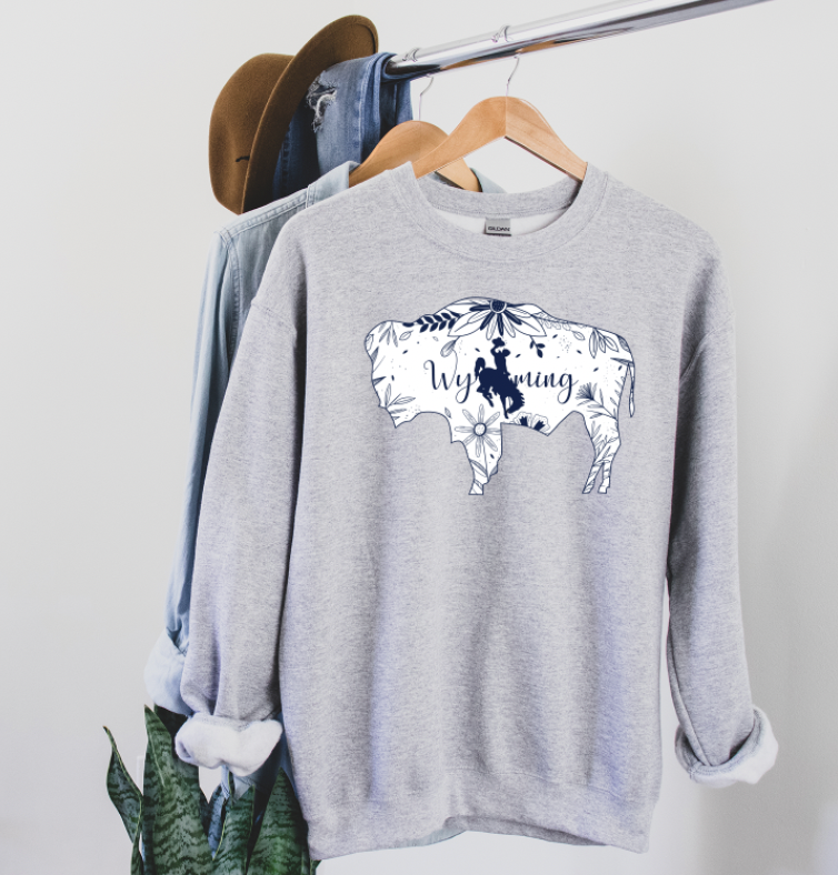 Floral Cursive Wyoming Buffalo Fleece Crewneck