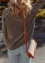 Embroidered Dark Brown Contrast Cable Knit Sleeve Casual Sweater