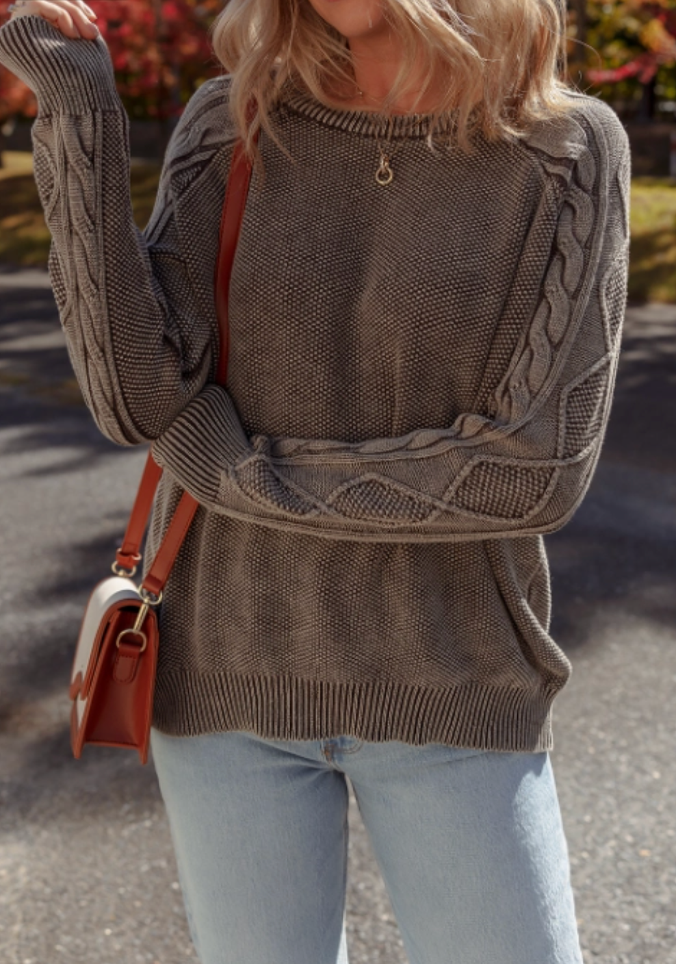 Embroidered Dark Brown Contrast Cable Knit Sleeve Casual Sweater