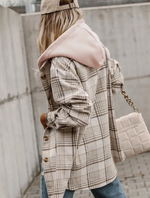 Embroidered Khaki Plaid Shirt Removable Hood Buttoned Shacket