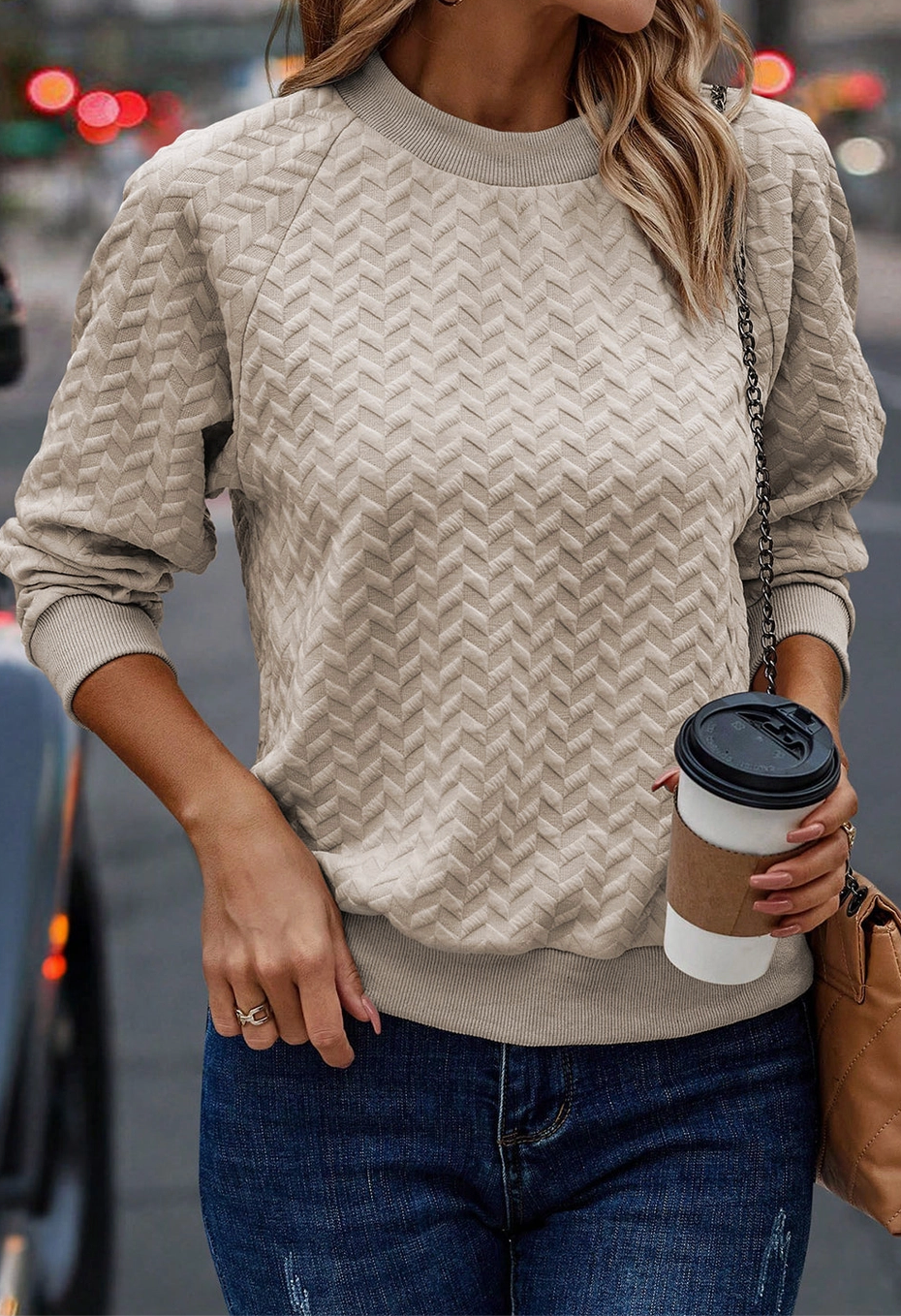 Embroidered Indian Paintbrush Solid Textured Raglan Sleeve Pullover Sweatshirt