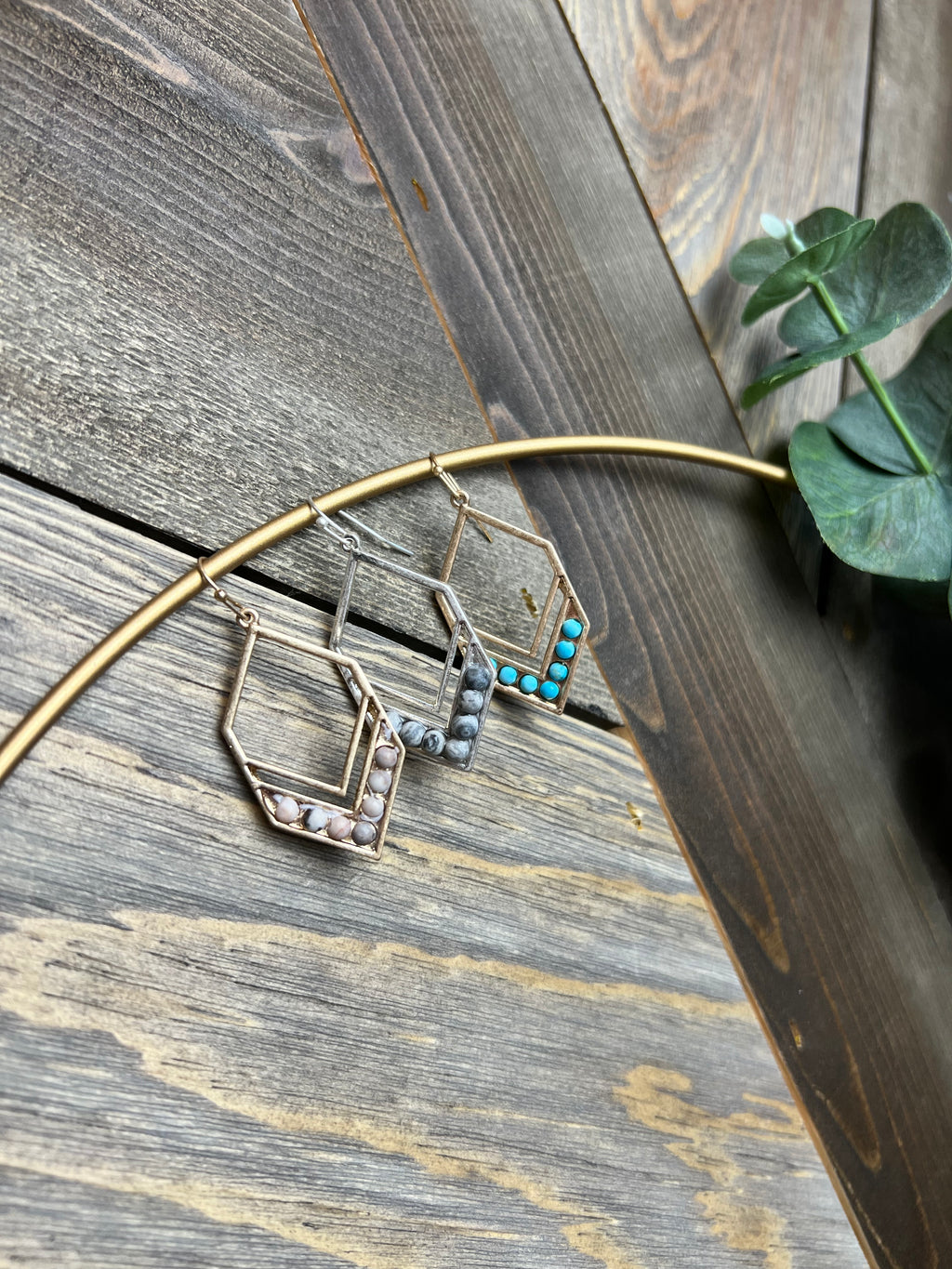 Chevron-Shaped Drop Earrings Featuring Natural Stone Beads
